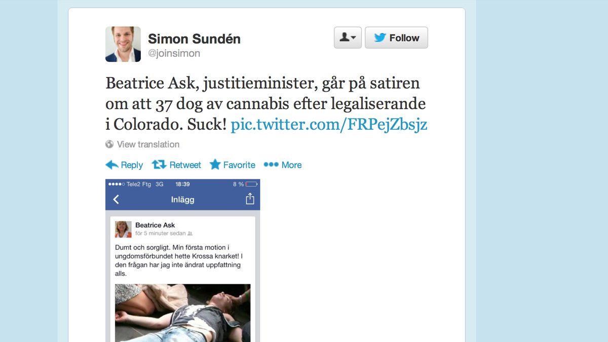 Simon Sundén postade på twitter efter att ministern gick på satirsajtens påhitt. 